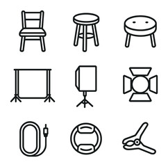 Studio Icon Set. Outline icon set of studio portrait props: chair, stool, stool cushion, backdrop stand,