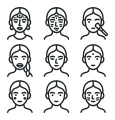 Cultural Makeup Icon Set. Outline icon set of cultural makeup portraits: henna pattern, tribal paint, makeup