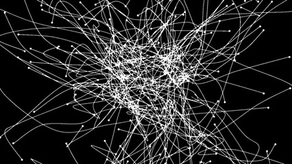 Vector linear abstract texture. White web on black background. Imitation of neural system. Lines and circles diverge chaotically from the center.