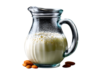 Fresh almond milk in a glass pitcher with almonds, perfect for healthy recipes and delicious drinks, inspiring wellness.