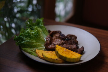 meat pieces mango pumpkin grill Cooking of vegetables on grill. Making cutlets for burgers. Fry Barbecue for friends and family. 