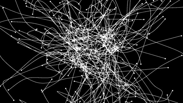 Vector linear abstract texture. White web on black background. Imitation of neural system. Lines and circles diverge chaotically from the center.