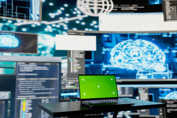 Laptop running isolated mockup screen next to AI neural networks system, used for practicing deep learning and cloud computing. Tech implementing artificial intelligence brain.