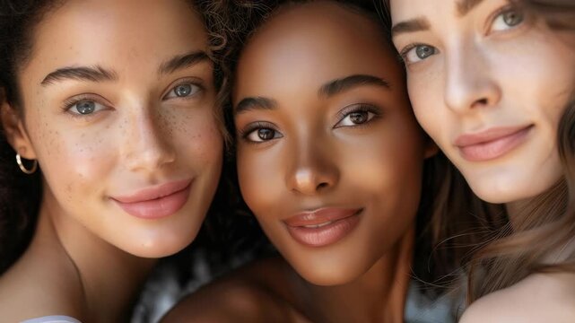 A close-up captures harmonious beauty three women with distinct skin tones. Each woman's unique features, from freckles to smooth skin, highlight natural diversity beauty