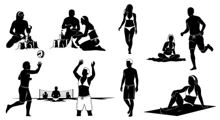 Engaging Beach Activities Illustrated in Silhouette Featuring Various People Enjoying Summer Fun