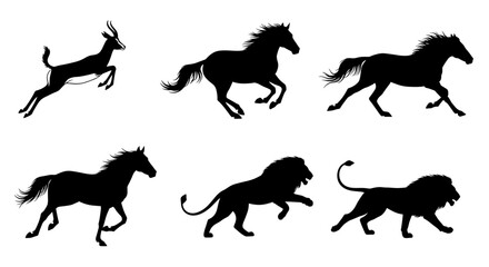 Dynamic Silhouettes of Animals in Motion Featuring Horses, Lions, and an Antelope Running