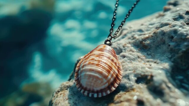 Handcrafted necklace with shell pendant on beach