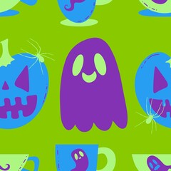 Autumn harvest vegetable seamless monster Halloween pumpkins pattern for wrapping paper and fabrics