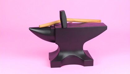 Black anvil with hammers on a pink background