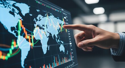 A person's hand pointing at a computer screen displaying a world map with graphs and charts