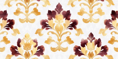 Ornate vintage pattern with gold and brown floral damask motifs on white background repeating seamlessly. Elegant decorative wallpaper texture.