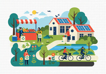 Fototapeta premium Eco-friendly neighborhood illustration with people buying from a local market, cycling and using reusable bags with houses having solar panels