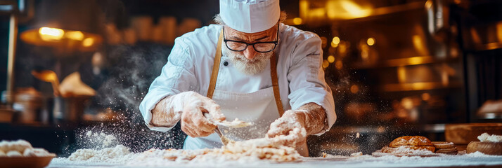 Passionate senior baker meticulously crafting bread dough, with flour suspended in air against cozy, warmly lit artisan kitchen backdrop