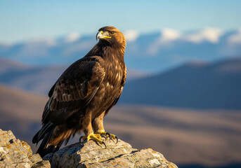 Golden eagle standing on a rock against a stunning backdrop of mountains and a clear sky, an impressive view of a wild predator