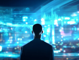 Fototapeta premium Man Viewing Futuristic Data Interface, Back View, Blue Light, Abstract Background