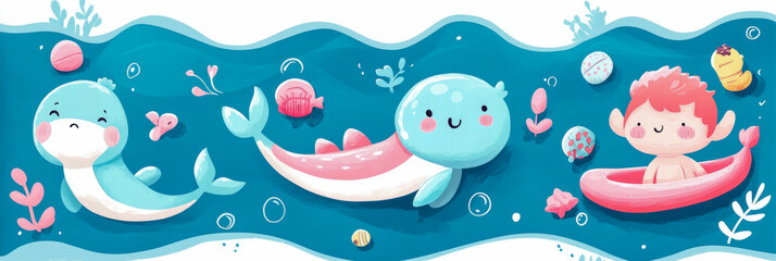 Whimsical watercolor illustration of vibrant underwater world, showcasing adorable marine creatures like happy seal and friendly whale, alongside joyful child in pink boat amidst charming aquatic elem
