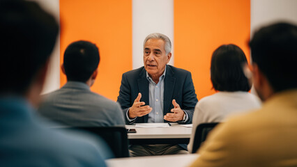 Senior businessman speaking to colleagues in meeting room with orange wall