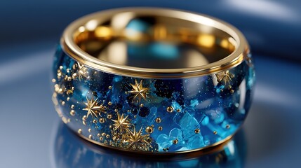 Gold ring with blue enamel starry sky design, outer space motif, high-resolution product photography