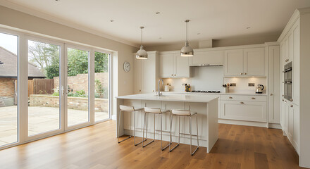 Modern neutral kitchen with island and patio doors