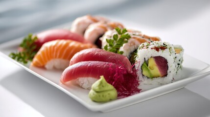 Assorted Sushi Plate Featuring Fresh Salmon, Tuna, Shrimp, and California Rolls on a White Surface