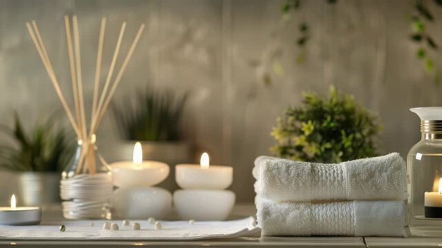 An inviting spa scene featuring neatly folded white towels, lit candles, reed diffusers,, lush greenery, creating relaxing, calming atmosphere in clean, tidy bathroom setting