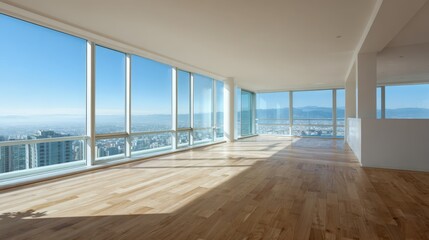 Bright and Spacious High-Rise Apartment Interior with Panoramic City Views and Polished Hardwood Floors