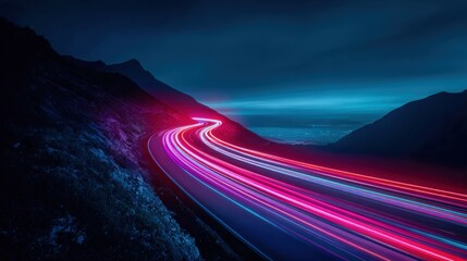 Night Highway with Blurred Light Trails, Modern Transportation and Futuristic Road Concepts