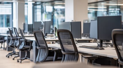 Modern Open Office Space with Desks and Chairs, Featuring Natural Light and Contemporary Design