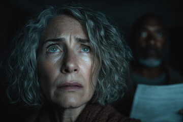 Worried woman with man reviewing documents