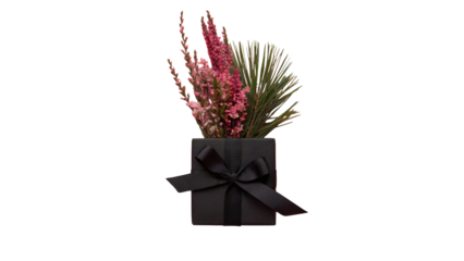 Elegant floral arrangement in sleek black gift box with ribbon for sophisticated gifting moments