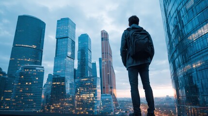 Contemplative man overlooking city skyline with modern skyscrapers at dusk, urban exploration and adventure