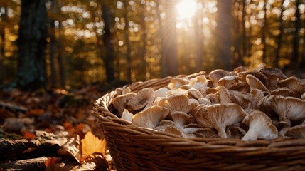 Basket filled with freshly harvested mushrooms sits on forest floor surrounded by autumn leaves, illuminated by warm sunlight filtering through trees, showcasing nature's bounty