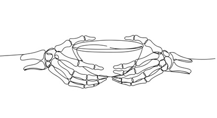 Simple continuous line drawing of skeleton hands holding a bowl