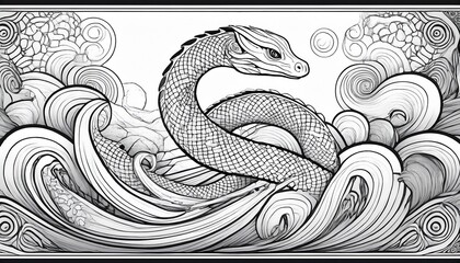 sea serpent curled mythical creature coloring page for adults ocean fantasy art
