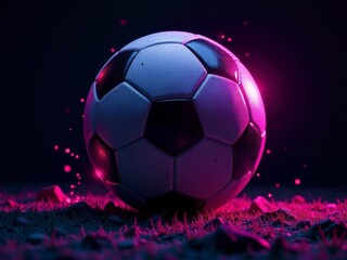 Naklejka premium A soccer ball rests on grass under vibrant neon lighting, highlighting the sports dynamic energy.