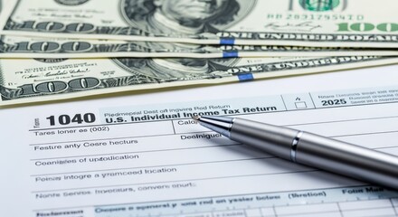 Tax Form 1040 with Currency and Pen: Illustrates Finance, Payment, and U.S. Individual Income Tax Return