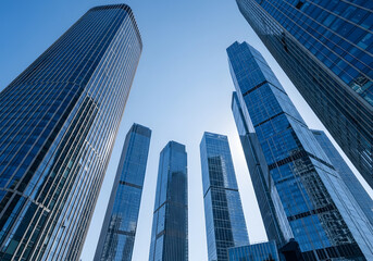 Modern skyscrapers reflecting sunlight in urban cityscape  