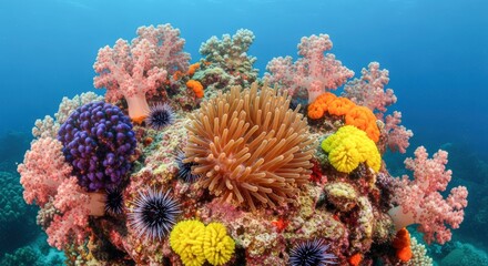 Vibrant Coral Reef Ecosystem Featuring Diverse Marine Life and Colorful Coral Formations in Clear Blue Water