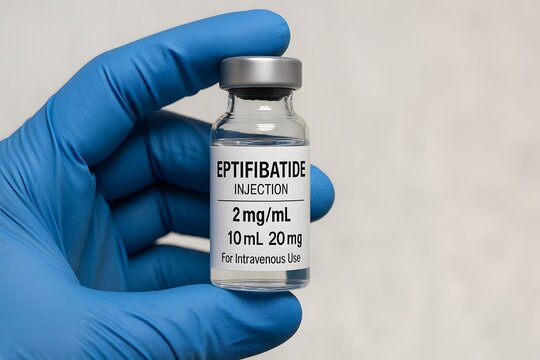 High-quality medical stock image of an Eptifibatide injection vial (2mg/mL, 10mL) held in a blue gloved hand, suitable for healthcare, pharmaceutical, and educational use.