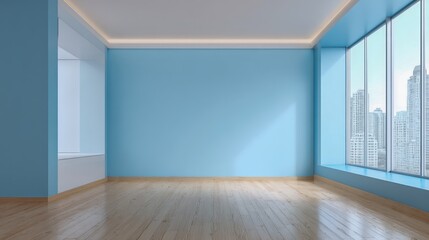 Empty Modern Room with Light Blue Walls and City View for Interior Design Mockups