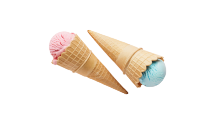 Delicious duo of vibrant pink and blue ice cream cones beckoning on a hot summer day delight