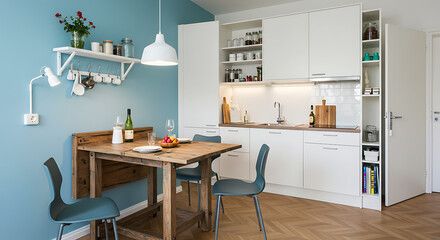 Modern kitchen with dining area, perfect for home decor and lifestyle