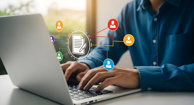 A person typing on a laptop with colorful social icons connected to it