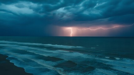 Coastal Tempest A Single Lightning Strike Illuminates a Moody Horizon, Nature's Fury at Dusk A Storm Brews Over the Ocean, Dramatic Coastal Storm with Pink and Purple Sky, Ocean's Edge A Lone Bolt