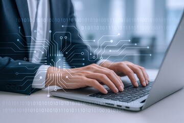 Business Professional Working on Laptop with Abstract Technology Overlay for Innovation and Connectivity