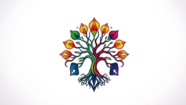 Colorful tree of life tattoo design with geometric leaves