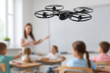futuristic classroom where drone records engaging lesson enhancing teaching experience