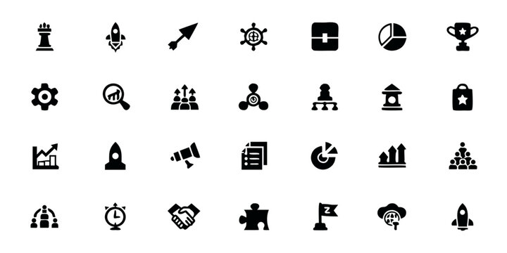 Corporate Growth Strategy Icons Solid Black Vector Set &ndash; Business Planning, Market Expansion, and Competitive Advantage Symbols

