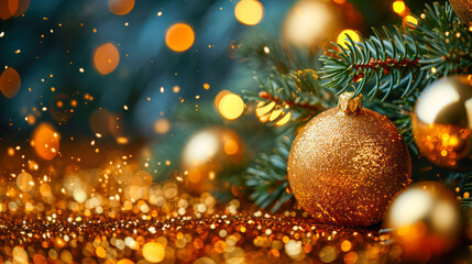Golden Christmas ornament surrounded by sparkling lights and evergreen branches in festive setting