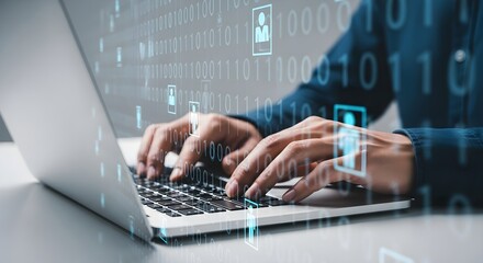 A person typing on a laptop with binary code in the background